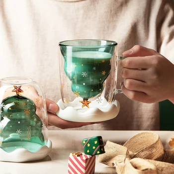 YOMDID Yaratıcı Noel Cam Süt Kahve Kupa Çift Katmanlı Sevimli Cam Bardak Çay Suyu şarap bardağı İçme Bardağı noel hediyesi