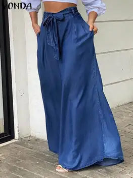 VONDA 2022 Sonbahar Kadın Yüksek Bel Sahte Kot Pantolon uzun pantolon Rahat Gevşek Pantalon Katı Parti Palazzo Streetwear Boy