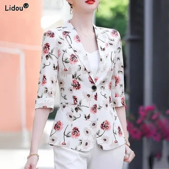 Blazers Ofis Bayan Sıska Bahar Yaz İnce Moda Baskı Cepler Tops Tek Düğme 2022 kadın giyim Çentikli Hırka