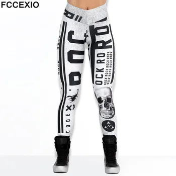 FCCEXIO Kadın Moda Beyaz Spor Yüksek Bel Ince Leggins Yeni Mektuplar Desen Elastik Kuvvet Nefes Polyester Kafatası Tayt