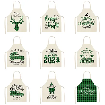 Pamuk Keten Kolsuz Şef Pişirme Önlükleri Mutfak Aksesuarları 68X55 CM Noel Yeşil Orman Geyik Mutfak Kadın Önlük