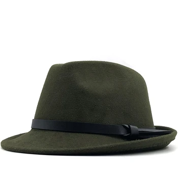 YENİ kış beyaz Erkekler Caz Kap Beyefendi Fedoras Yün Homburg Erkek Klasik Dar Ağız Şerit Caz Şapka Ayarlanabilir silindir şapka