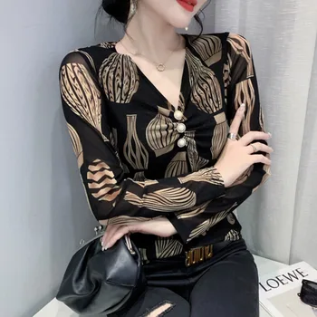 #8030 Siyah Örgü T Shirt Kadın V Yaka Düğmeler Seksi Kısa Gömlek Uzun Kollu Sıkı Vintage baskılı tişört Ofis Bayan Kore Tarzı