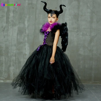 Çocuklar Evil Kraliçe Kız Cadılar Bayramı Fantezi Tutu Elbise Kostüm Boynuz Kanat Çocuk Vaftiz Elbise Siyah Elbise Kötü Giysi
