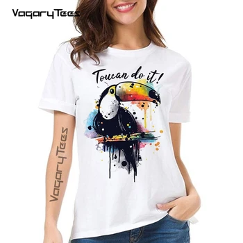 Yaratıcı Suluboya Kuş Desen Tasarım T-Shirt kadın Yenilik Toucan bunu Baskı T Shirt Yaz Geek Stil Tees Tops Kadın