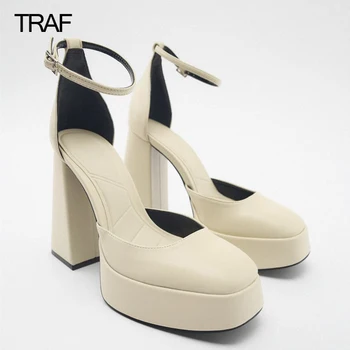TRAF Kadınlar Yüksek Topuklu Platformu Tıknaz Topuklu Strappy Pompa topuklu Kadın 2022 Tasarımcı Lüks Pompaları Parti Düğün gelin ayakkabıları