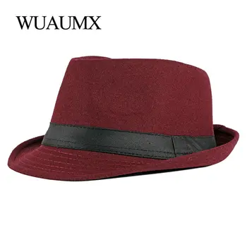 Wuaumx YENİ Bahar Sonbahar Caz Kapaklar Erkek Kadın Orta Yaşlı Panama Şapka Kat Geniş Ağız Keçe Fedoras Şapka Klasik Yaşlı Melon Şapka