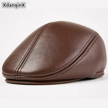 XdanqinX 2019 Yeni Hakiki Deri Şapka Sonbahar Kış Sıcak Kalın Earmuffs Şapka erkek Koyun Derisi Bere Renkli Baba Deri Kap
