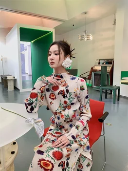 ZCSMLL 2 Parça Çiçek Baskı Pilili bluz Bahar 2022 Bayan Kore Moda Bayan Üst Uzun Kollu Tasarımcı Giyim