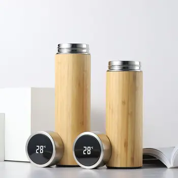 450 ml / 500 ml Akıllı Bambu termos şişe Kahve Fincanı Sıcaklık Göstergesi Paslanmaz Çelik termos Taşınabilir Su Şişesi