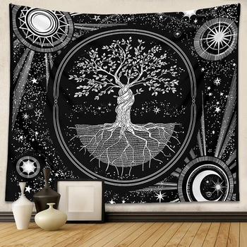Göksel hayat Ağacı Goblen Duvar Asılı güneş ay yıldızlı gökyüzü siyah sanat dekoru Estetik Mandala Büyücülük Boho Halılar