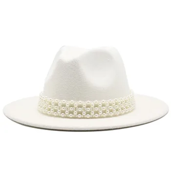 Kadın Erkek beyaz Yün Fedora şapka İnci Kurdele İle Beyefendi Zarif Bayan Kış Sonbahar Geniş Ağız Kilise Panama Sombrero Caz Kap