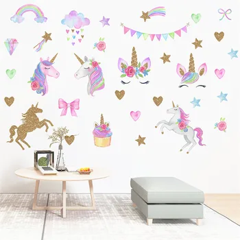 Pembe Karikatür Unicorn Duvar Sticker Çocuk Odası Kreş Dekorasyon Duvar Kağıdı Su Geçirmez DIY Gökkuşağı Çıkartması Ev Dekor Duvar Resimleri