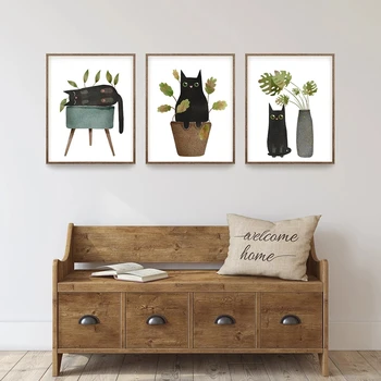 Komik Siyah Kedi ve Saksı Bitkileri Tuval Boyama duvar Sanatı İskandinav Posterler ve Baskılar Duvar Resimleri ıçin Oturma Odası Dekorasyon
