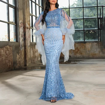 Zarif Mavi Yuvarlak Boyun Mermaid Abiye Tül Flare Uzun Kollu Balo Elbise Örgün Parti Parti Elbise Artı Boyutu Özelleştirilmiş