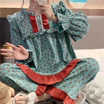 Sonbahar Retro Çiçek Baskı Pijama Concotte Ruffles Tatlı Güzel Uzun Kollu Ev Giysileri Prenses Zarif Kıyafeti Takım Elbise D739