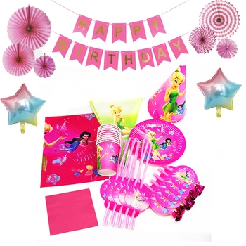 300g Kağıt Tek Kullanımlık Sofra Seti Tinker Bell Plaka Bardak Masa Örtüleri Tinkerbell Tema Doğum Günü Partisi Bebek duş dekorasyonu
