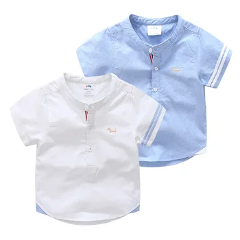 Çocuklar için doğum günü hediyesi Elbise 2023 Yaz Moda Pamuk Beyaz Mavi Renk Karikatür Köpek Baskı Kısa Kollu Mandarin Yaka Erkek Gömlek