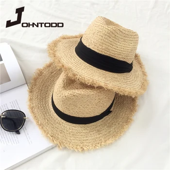 Doğal Büyük Geniş Brim disket şapka Rafya caz Hasır Şapka Kadın Yaz Saçak Plaj Kap el Örgü güneş şapkası toptan plaj şapkası