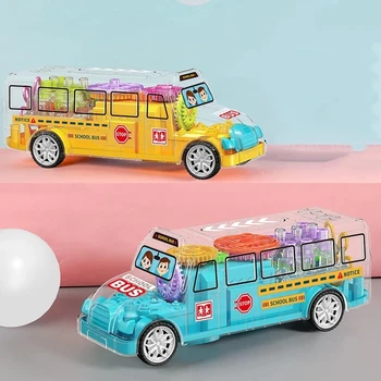 Mini ışık dişli okul otobüsü araba modeli elektrikli evrensel müzikal şeffaf renkli araç simülasyon hediyeler oyuncaklar çocuklar için