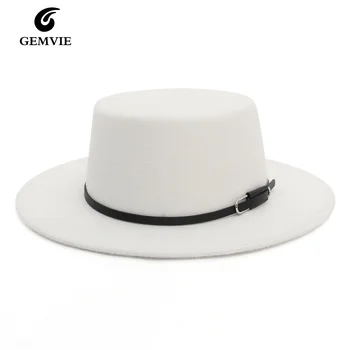 Yeni dokulu şapka Erkekler Düz Şapka Kemer ile Kadın Vintage Fötr Kapaklar Sıcak Caz Şapka Chapeau Femme Panaman Kap Domuz Eti Pasta