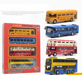 Otobüs 4 ADET geri Çekin Combo Set Büyük Hediye Kutusu Otobüs Okul Otobüsü Simülasyon Modeli Oyuncak
