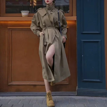 Johnature Sonbahar Yeni Rahat Bandaj Kadınlar Uzun Kadın Siper 2023 Kore Moda Tüm Maç Gevşek Cepler Kadın Mont
