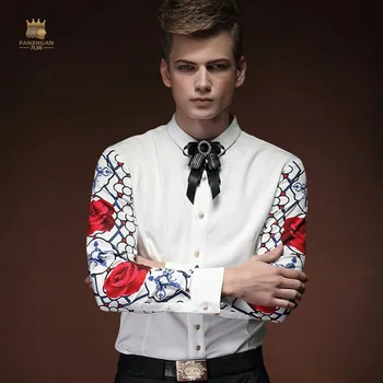 FANZHUAN Ücretsiz Kargo Yeni moda rahat erkek Dalga baskılı kişilik bahar beyaz gömlek uzun kollu shirts15209