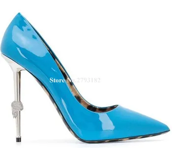 Yeni Kadın Metal Taklidi Topuklu Pompalar Mavi Sarı Leopar Patent Deri Stiletto Kristaller Topuk Elbise Ayakkabı Slip-on Topuklu