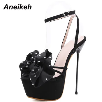 Aneikeh Tatlı Moda Kelebek Düğüm Toka Platformu İnce Yüksek Topuklu Ayakkabılar Bling Çiçek 34-35 Siyah kadın Sandalet 2023 Yaz
