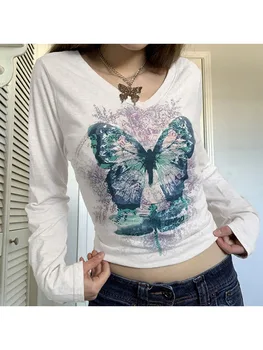Vintage Kelebek Baskı V Boyun Kısa kadın T-Shirt İlkbahar Sonbahar Kore İnce Uzun Kollu Kırpma Üst Kadın Harajuku T Shirt