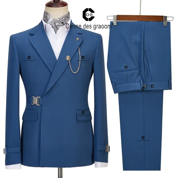 Cenne Des Graoom 2022 Yeni Erkek Takım Elbise Mavi Ceket Pantolon 2 Parça Set Metal Yan Serbest Bırakma Toka Zarif Düğün Akşam elbise