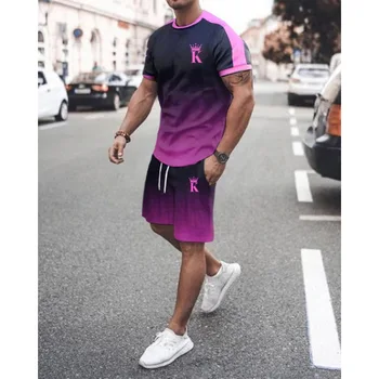 Kral K Baskı erkek Yaz Elbise Moda T-shirt + Şort Spor Casual Streetwear Kıyafet Gevşek Koşu eşofman takımı Erkekler