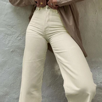 Düz Renk Kot Kadın Yüksek Bel Vahşi Rahat Uydurma Retro Tarzı Moda Düz Bacak Pantolon Pantolon Günlük Streetwear