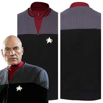 Yıldız Cosplay Trek Kuşak Jean-Luc Picard Kostüm Ceket Yelek + Uzun Kollu Gömlek