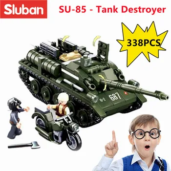 Sluban Yapı taşı Oyuncaklar 2. Dünya Savaşı Ordu SU85 Tank Destroyer 338PCS Önde gelen Markaları İle Uyumlu B0687 Askeri İnşaat Tuğla 