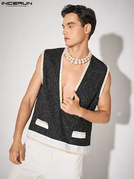 Casual Streetwear Stil Tops INCERUN Yeni erkek Yakasız Tasarım Yelek Parti Tatil Sıcak Satış Erkek Ekose V Yaka Yelek S-5XL