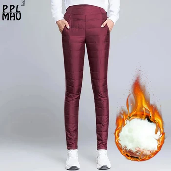 Büyük boy 4Xl Sıska Aşağı Pantolon Kadın Kar Yüksek Bel Elastik Sıcak kış pantolonları Anne Şarap Kırmızı Açık Kalem Sweatpants