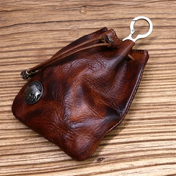 Hakiki Deri bozuk para cüzdanı Kadınlar Erkekler İçin Vintage El Yapımı Küçük İpli Cep saklama çantası Anahtarlık İle kart tutucu Kılıf Erkek