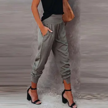İlkbahar Yaz Kadın Günlük Giyim Kargo Pantolon Spor Katı Hip Hop harem pantolon Yüksek Bel Cep Tasarım Rahat Uzun pantolon