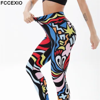 FCCEXIO Karikatür Renkli 3D Baskı Kadın Pantolon Push Up Koşu Spor Tayt Ince Spor Tayt Kadın Rahat Yüksek Bel Pantolon