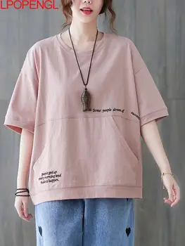 Düz Renk O-boyun Pamuklu tişört Yeni Varış Nakış Mektup Yaz Gevşek Üstleri Kadın günlük t-shirt Kore Tarzı Büyük Cep Üst