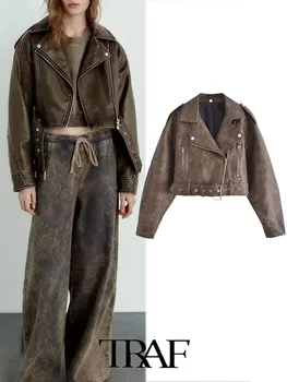 TRAF 2023 Moda Eğlence Yeni Rahat Yıkanmış Degrade Kısa Deri ceket Ceket Ceket Sonbahar Kış Uzun Kollu Kazak