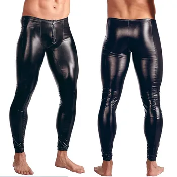 Erkek Siyah Faux Patent Deri Pantolon Sahne Sıska Performans Pantolon Streç Tayt Erkekler Seksi Bodywear Pantolon