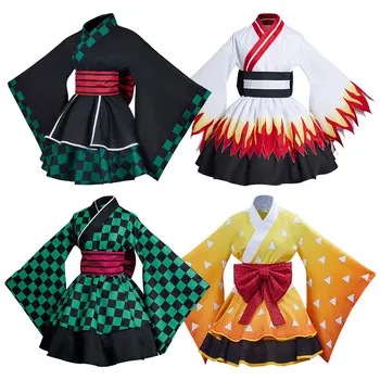 Iblis Avcısı Kadın Cosplay Kostüm Kimono Agatsuma Zenitsu Kimetsu Hiçbir Yaiba Rengoku Kyoujurou Etek Kostüm Pelerin Elbise Takım Elbise