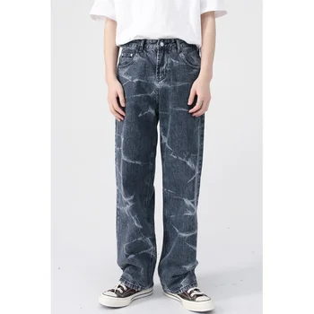 Streetwear Erkekler Hip Hop Gevşek Düz Silindir Kravat boyalı rahat pantolon Çok Yönlü Rahat Kot Sonbahar ve Kış 2022 Kadın