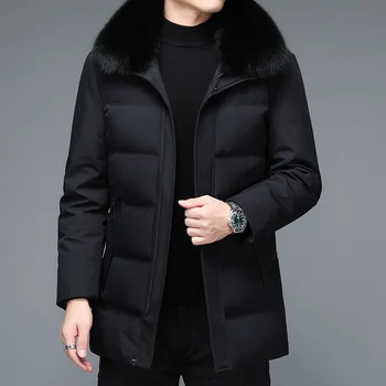 YXL-851 Kış Yeni Stil erkek Aşağı Ceket Tilki Büyük Kürk Yaka Kalınlaşmış Sıcak Orta Uzun Casual Yaka İş Ceket