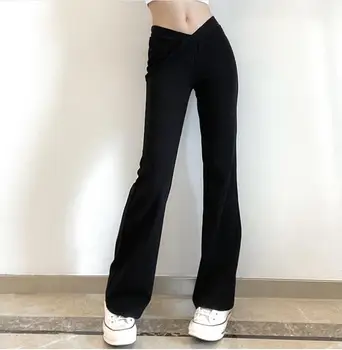 2021 Kadın Rahat Düz Renk Alevlendi Pantolon Siyah V şeklinde Düşük Bel Basit Tarzı Pantolon S / M / L