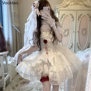 Gotik Lolita Prenses Elbise Kadınlar Vintage Terör Kan Gelin Cadılar Bayramı Partisi Elbiseler Kadın Y2k Bandaj Gül Dantel Mini Vestidos