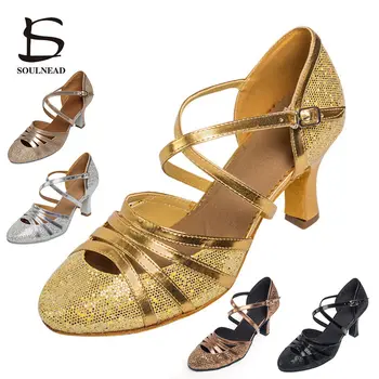 Latin Dans Ayakkabıları Kadın Salsa Tango Dans Ayakkabıları Glitter Kapalı Ayak Yüksek Topuklu 5cm 7cm Balo Salonu dans Ayakkabıları Kadın Sandalet
